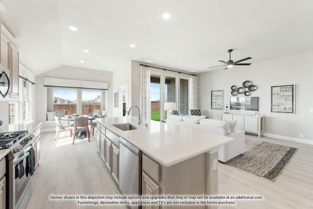 1036 Snowy Owl Dr, Alvarado, TX 76009 - kitchen featuring a sink, appliances with stainless steel finishes, light wood-style floors, open floor plan, and lofted ceiling