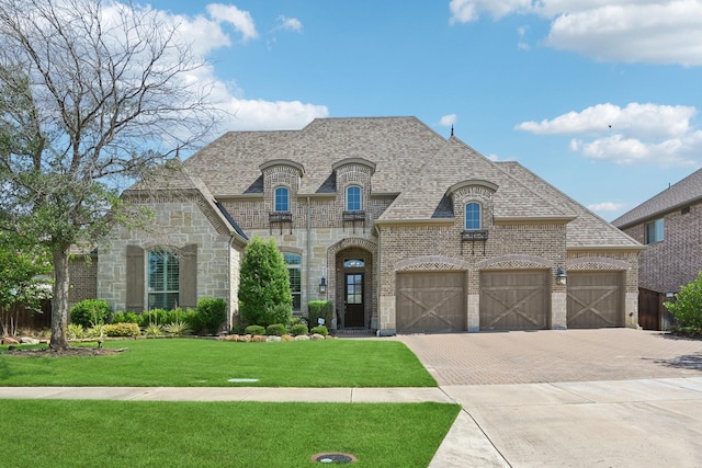 4064 Covent Garden Ln, Frisco, TX 75034 - french country style house with brick siding, decorative driveway, a front lawn, stone siding, and a garage