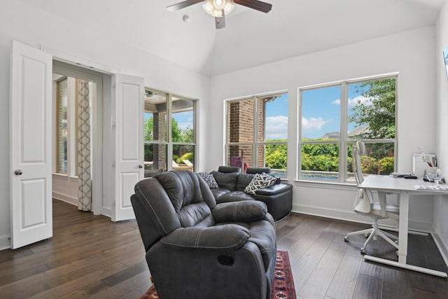 4064 Covent Garden Ln, Frisco, TX 75034 - living room featuring an office area, ceiling fan, lofted ceiling, baseboards, and dark wood-type flooring
