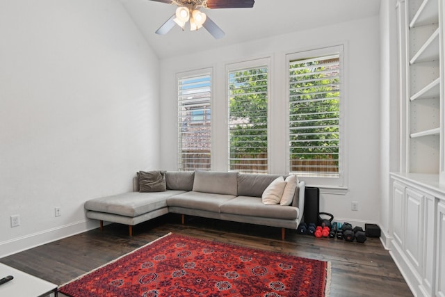 4064 Covent Garden Ln, Frisco, TX 75034 - living area featuring wood finished floors, ceiling fan, baseboards, and vaulted ceiling