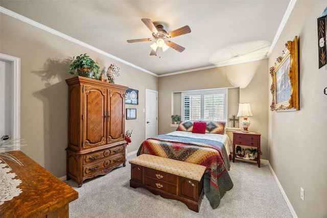 102 Dove Crk, Mckinney, TX 75071 - bedroom with light colored carpet, ornamental molding, ceiling fan, and baseboards