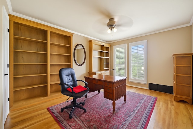 102 Dove Crk, Mckinney, TX 75071 - office area with crown molding, ceiling fan, and light wood-style floors