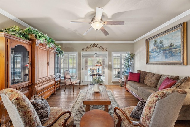 102 Dove Crk, Mckinney, TX 75071 - living area featuring ceiling fan, hardwood / wood-style flooring, and ornamental molding