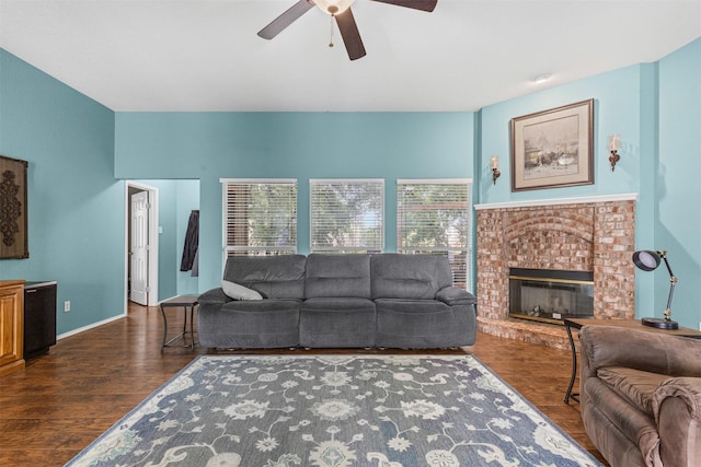 2122 Quail Ridge Dr, Weatherford, TX 76087 - living room featuring a ceiling fan, wood finished floors, and a brick fireplace