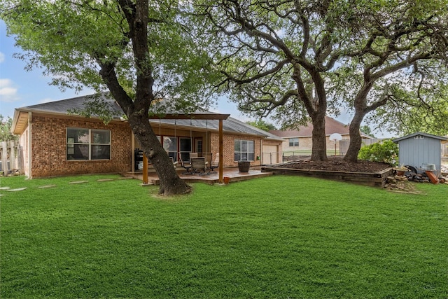 2122 Quail Ridge Dr, Weatherford, TX 76087 - back of house featuring a patio, brick siding, a shed, and a garage