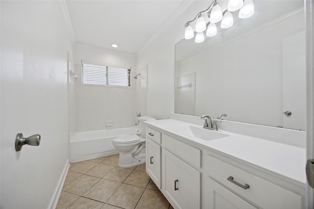 4536 Louisville Dr, Plano, TX 75093 - full bathroom with toilet, vanity, shower / bathtub combination, tile patterned flooring, and ornamental molding
