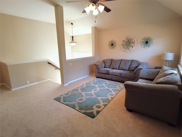 2608 Pine Trail Dr, Little Elm, TX 75068 - carpeted living area with vaulted ceiling, ceiling fan, and baseboards