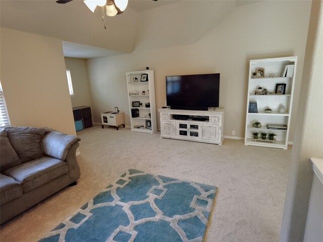 2608 Pine Trail Dr, Little Elm, TX 75068 - living area with a ceiling fan, carpet floors, and lofted ceiling