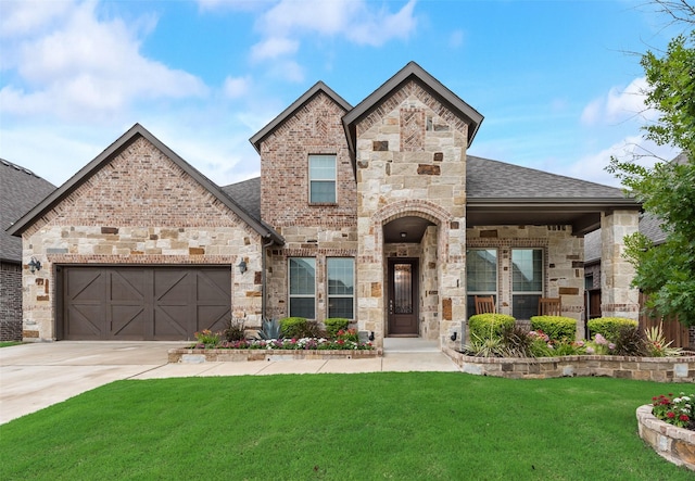 10321 Colina Dr, Fort Worth, TX 76126 - french country style house featuring a front lawn, a garage, driveway, roof with shingles, and brick siding