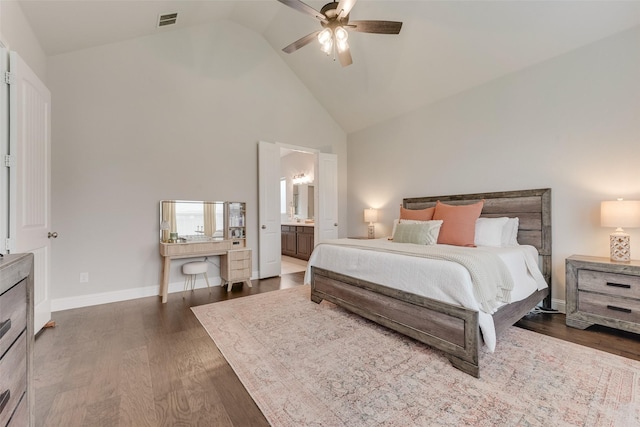 10321 Colina Dr, Fort Worth, TX 76126 - bedroom featuring high vaulted ceiling, wood finished floors, baseboards, connected bathroom, and a ceiling fan