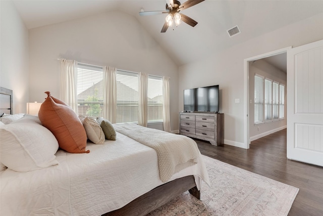 10321 Colina Dr, Fort Worth, TX 76126 - bedroom featuring dark wood finished floors, a ceiling fan, high vaulted ceiling, and baseboards