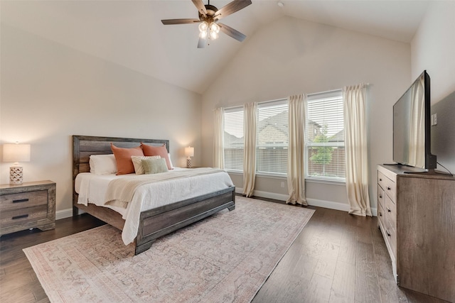 10321 Colina Dr, Fort Worth, TX 76126 - bedroom with dark wood-style flooring, high vaulted ceiling, baseboards, and ceiling fan