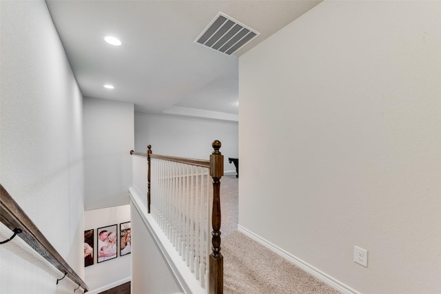 10321 Colina Dr, Fort Worth, TX 76126 - hall featuring an upstairs landing, recessed lighting, carpet flooring, and baseboards