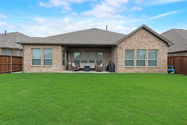 10321 Colina Dr, Fort Worth, TX 76126 - rear view of property with an outdoor living space, brick siding, a patio, and roof with shingles
