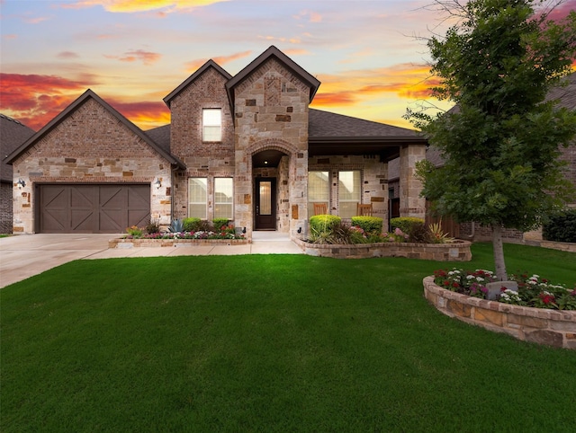 10321 Colina Dr, Fort Worth, TX 76126 - view of front of home featuring a lawn, stone siding, a garage, driveway, and roof with shingles