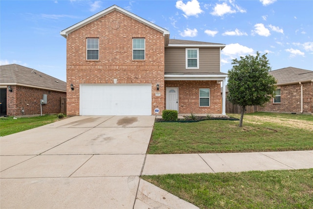 134 Kennedy Dr, Venus, TX 76084 - traditional-style home with a garage, brick siding, concrete driveway, and a front lawn