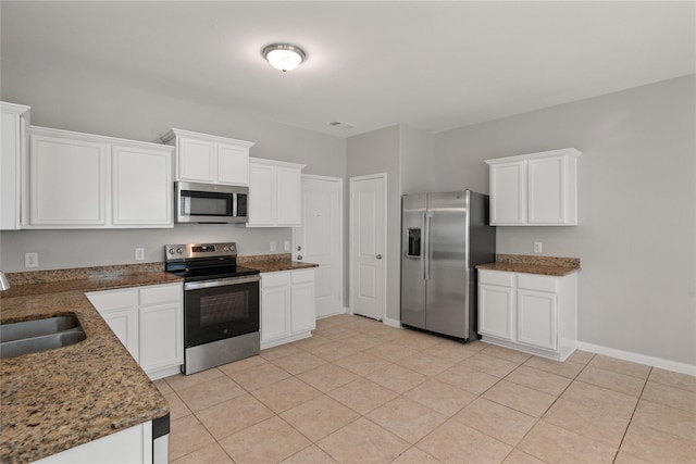 134 Kennedy Dr, Venus, TX 76084 - kitchen featuring stainless steel appliances, a sink, white cabinets, baseboards, and dark stone countertops