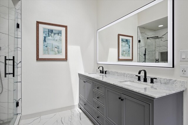 10004 Concord Dr, Frisco, TX 75035 - bathroom featuring marble look tiles, a marble finish shower, and double vanity