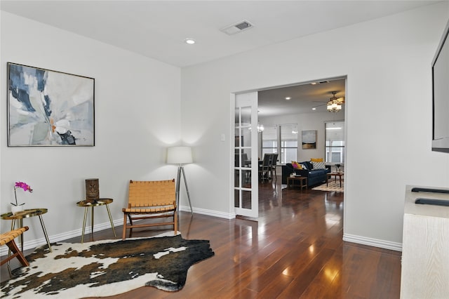 634 N Tyler St, Dallas, TX 75208 - living area with wood finished floors, baseboards, ceiling fan, recessed lighting, and french doors