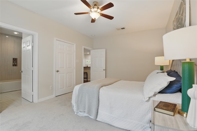 634 N Tyler St, Dallas, TX 75208 - bedroom with carpet, baseboards, a ceiling fan, recessed lighting, and ensuite bath