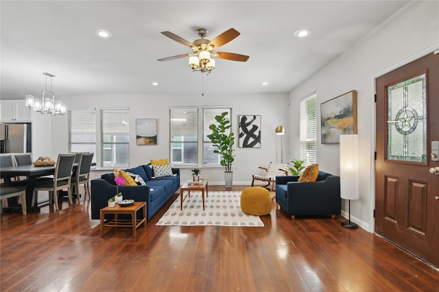634 N Tyler St, Dallas, TX 75208 - living area featuring a ceiling fan, dark wood finished floors, recessed lighting, a chandelier, and baseboards