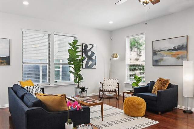 634 N Tyler St, Dallas, TX 75208 - living area with a ceiling fan, wood finished floors, baseboards, and recessed lighting
