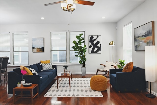 634 N Tyler St, Dallas, TX 75208 - living area featuring a ceiling fan, plenty of natural light, wood finished floors, and recessed lighting