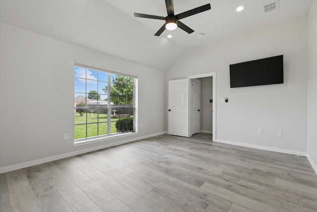130 N Point Dr, Krum, TX 76249 - unfurnished room with a ceiling fan, vaulted ceiling, recessed lighting, light wood-type flooring, and baseboards