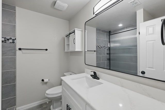 130 N Point Dr, Krum, TX 76249 - bathroom with toilet, vanity, baseboards, wood finished floors, and a shower