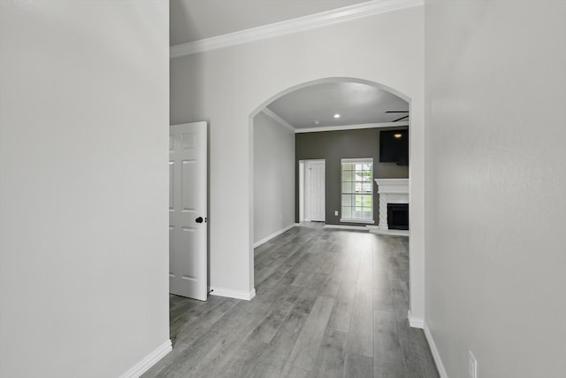 130 N Point Dr, Krum, TX 76249 - hallway with crown molding, arched walkways, wood finished floors, and baseboards