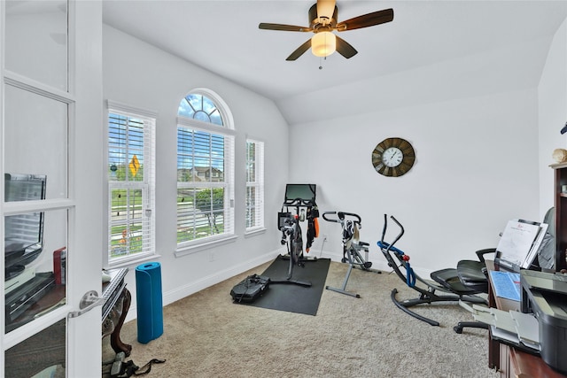 7244 Montosa Trl, Fort Worth, TX 76131 - workout area featuring lofted ceiling, carpet, and ceiling fan