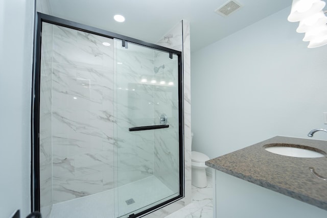 704 Vine St, Euless, TX 76040 - bathroom with marble look tile flooring, a marble finish shower, vanity, toilet, and recessed lighting