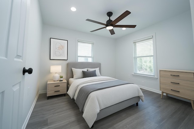 704 Vine St, Euless, TX 76040 - bedroom with baseboards, wood finished floors, ceiling fan, and recessed lighting