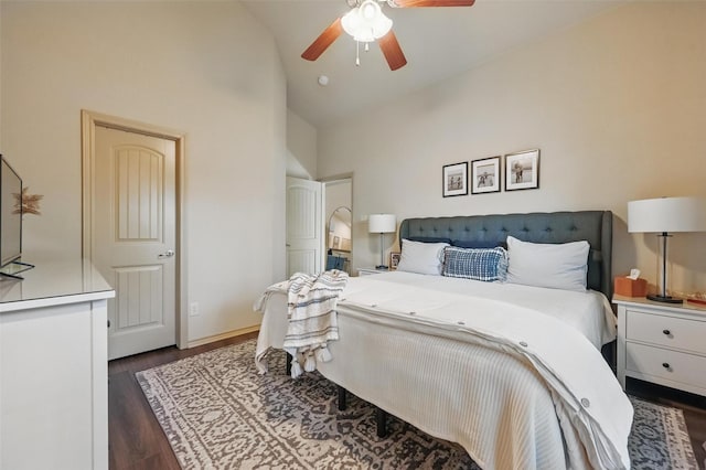 1209 Briarwood Dr, Azle, TX 76020 - bedroom with high vaulted ceiling, dark wood-style floors, and a ceiling fan
