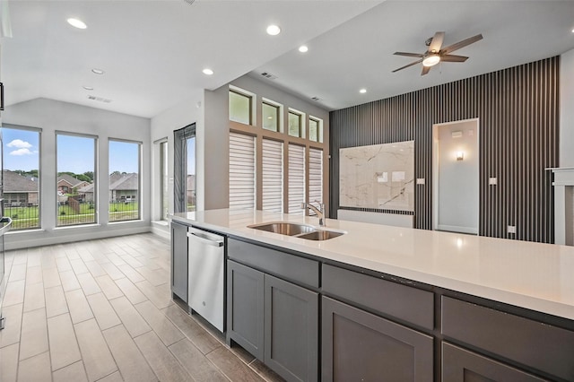 1419 Misty Pasture Way, Mansfield, TX 76063 - kitchen with an accent wall, dishwasher, plenty of natural light, gray cabinets, and recessed lighting
