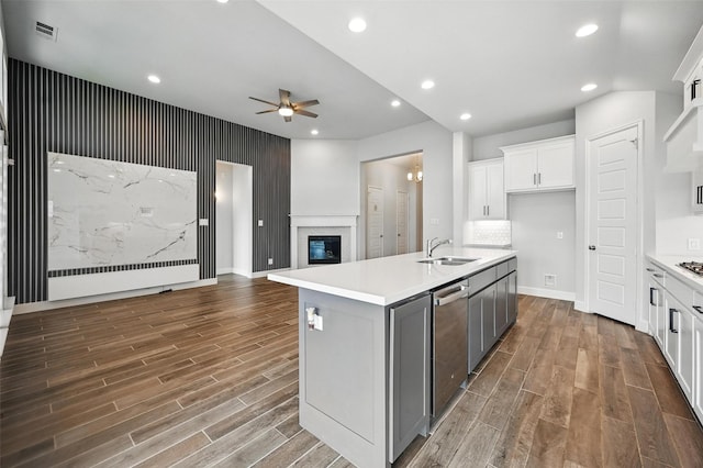 1419 Misty Pasture Way, Mansfield, TX 76063 - kitchen with a sink, ceiling fan, dark wood-style flooring, open floor plan, and recessed lighting