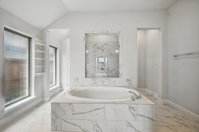 1419 Misty Pasture Way, Mansfield, TX 76063 - full bathroom featuring marble look tile flooring, a garden tub, lofted ceiling, a marble finish shower, and baseboards