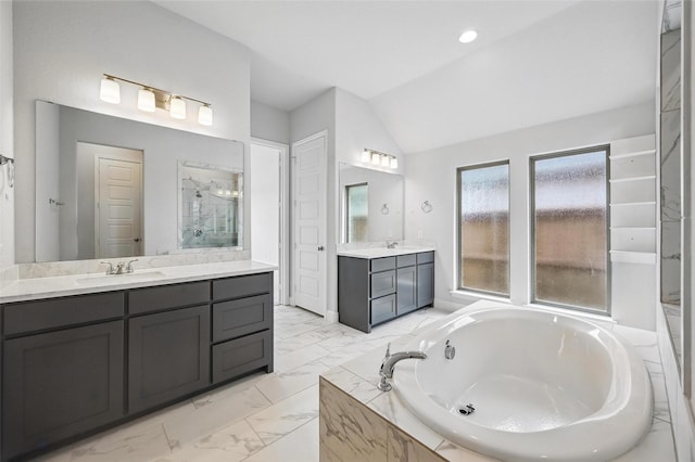 1419 Misty Pasture Way, Mansfield, TX 76063 - bathroom with marble finish flooring, vaulted ceiling, two vanities, a bath, and a walk in shower