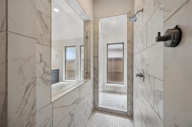1419 Misty Pasture Way, Mansfield, TX 76063 - bathroom featuring a marble finish shower, tile walls, and tile patterned floors