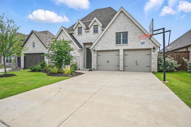 1419 Misty Pasture Way, Mansfield, TX 76063 - french country home with stone siding, a garage, roof with shingles, brick siding, and concrete driveway