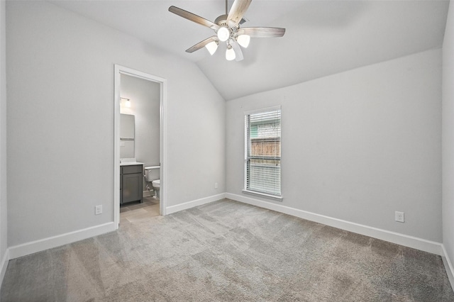 1419 Misty Pasture Way, Mansfield, TX 76063 - unfurnished bedroom featuring lofted ceiling, baseboards, light carpet, ensuite bathroom, and a ceiling fan