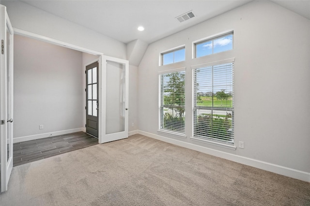 1419 Misty Pasture Way, Mansfield, TX 76063 - carpeted empty room with baseboards, french doors, recessed lighting, and vaulted ceiling