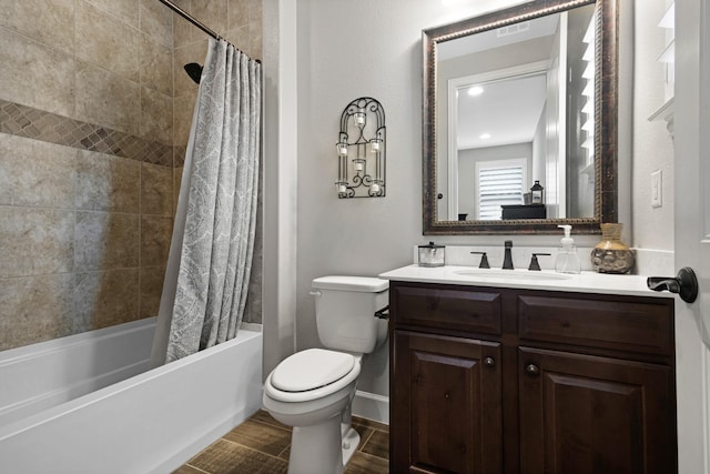 8217 American Way, Denton, TX 76207 - bathroom with vanity, shower / bathtub combination with curtain, toilet, and wood finished floors