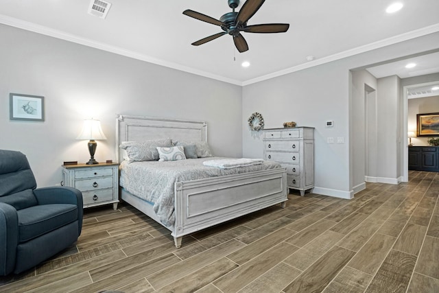 8217 American Way, Denton, TX 76207 - bedroom featuring wood finish floors, baseboards, recessed lighting, ceiling fan, and crown molding