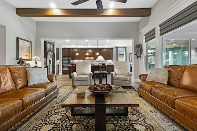 8217 American Way, Denton, TX 76207 - living room with light wood-type flooring, a ceiling fan, beamed ceiling, and recessed lighting