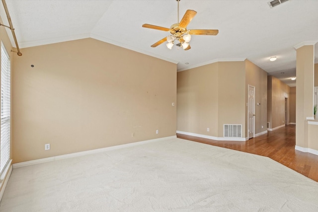11200 Williamsburg Ln, Frisco, TX 75035 - unfurnished room featuring carpet flooring, crown molding, a ceiling fan, baseboards, and vaulted ceiling