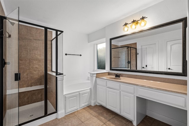 1228 Copano Dr, Allen, TX 75013 - bathroom featuring a stall shower, a bath, vanity, and tile patterned flooring