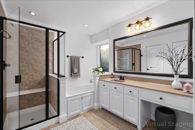 1228 Copano Dr, Allen, TX 75013 - bathroom with a stall shower, a garden tub, vanity, tile patterned flooring, and recessed lighting