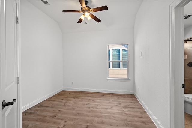 1228 Copano Dr, Allen, TX 75013 - unfurnished room with a ceiling fan, light wood finished floors, vaulted ceiling, and baseboards