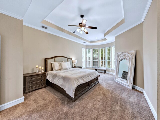 511 Cloud View Ct, Prosper, TX 75078 - carpeted bedroom with a raised ceiling, ornamental molding, and a ceiling fan